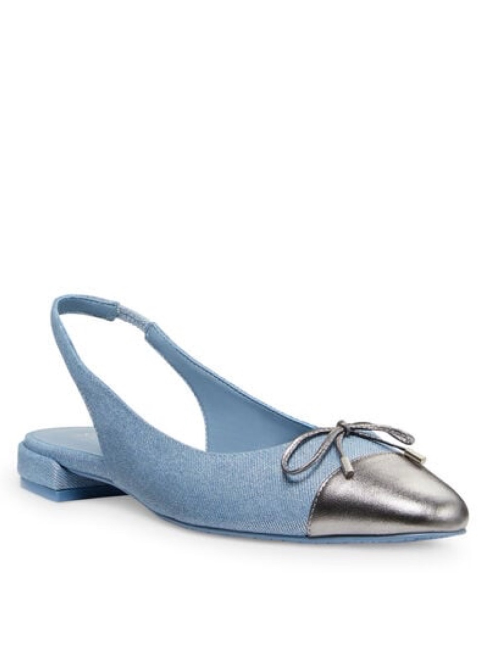 New Stuart Weitzman Sleek Bow Slingback Flat Metallic Denim Sz 7.5